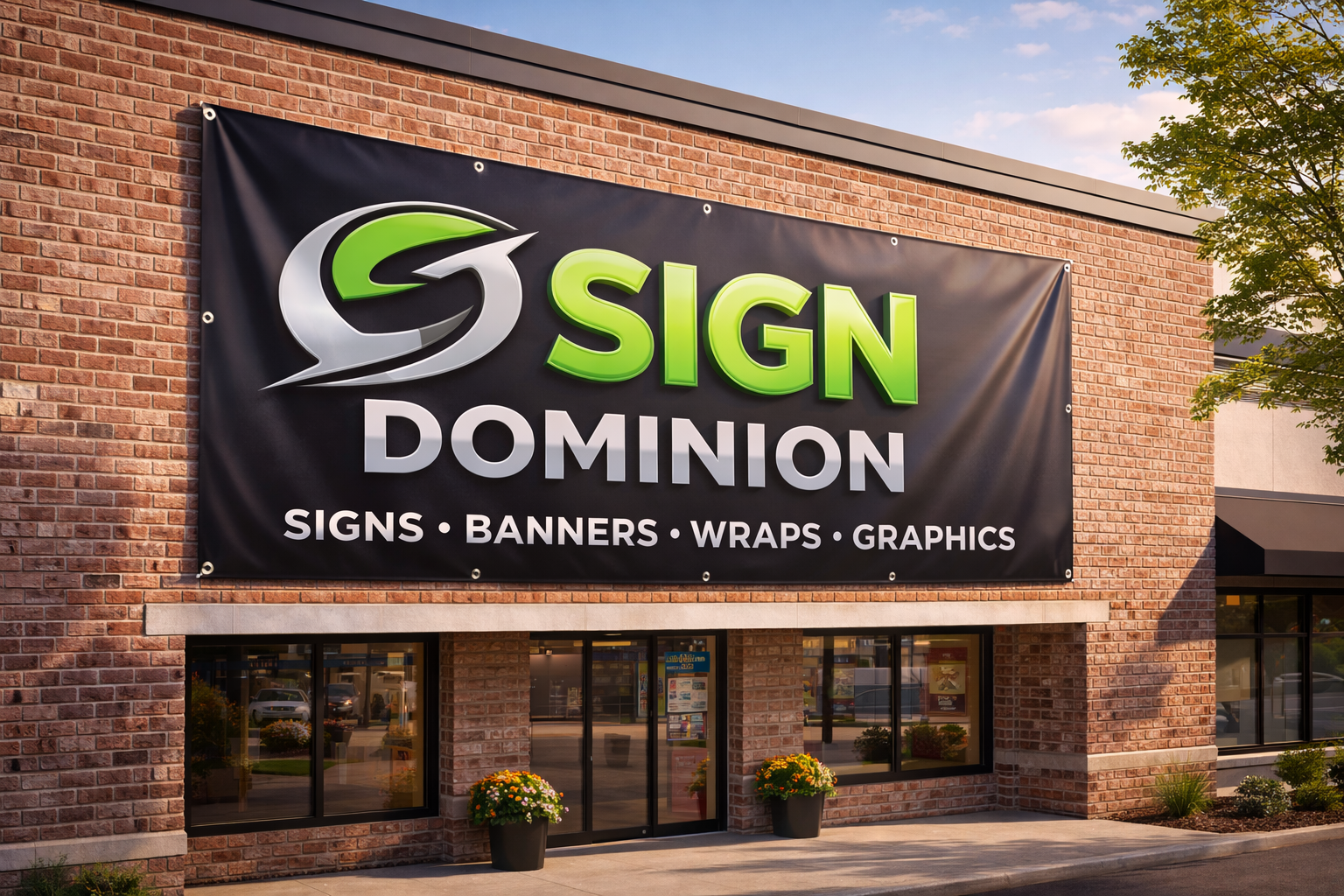 Large outdoor banner mounted on a storefront