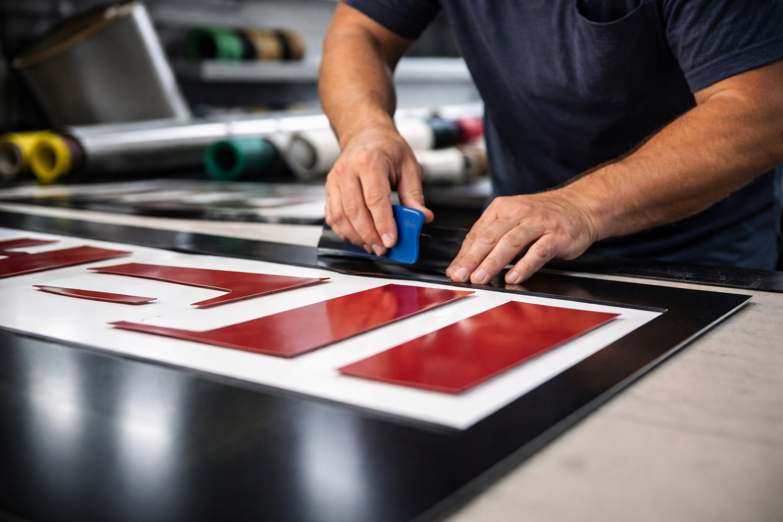 Sign maker applying vinyl to a custom sign panel
