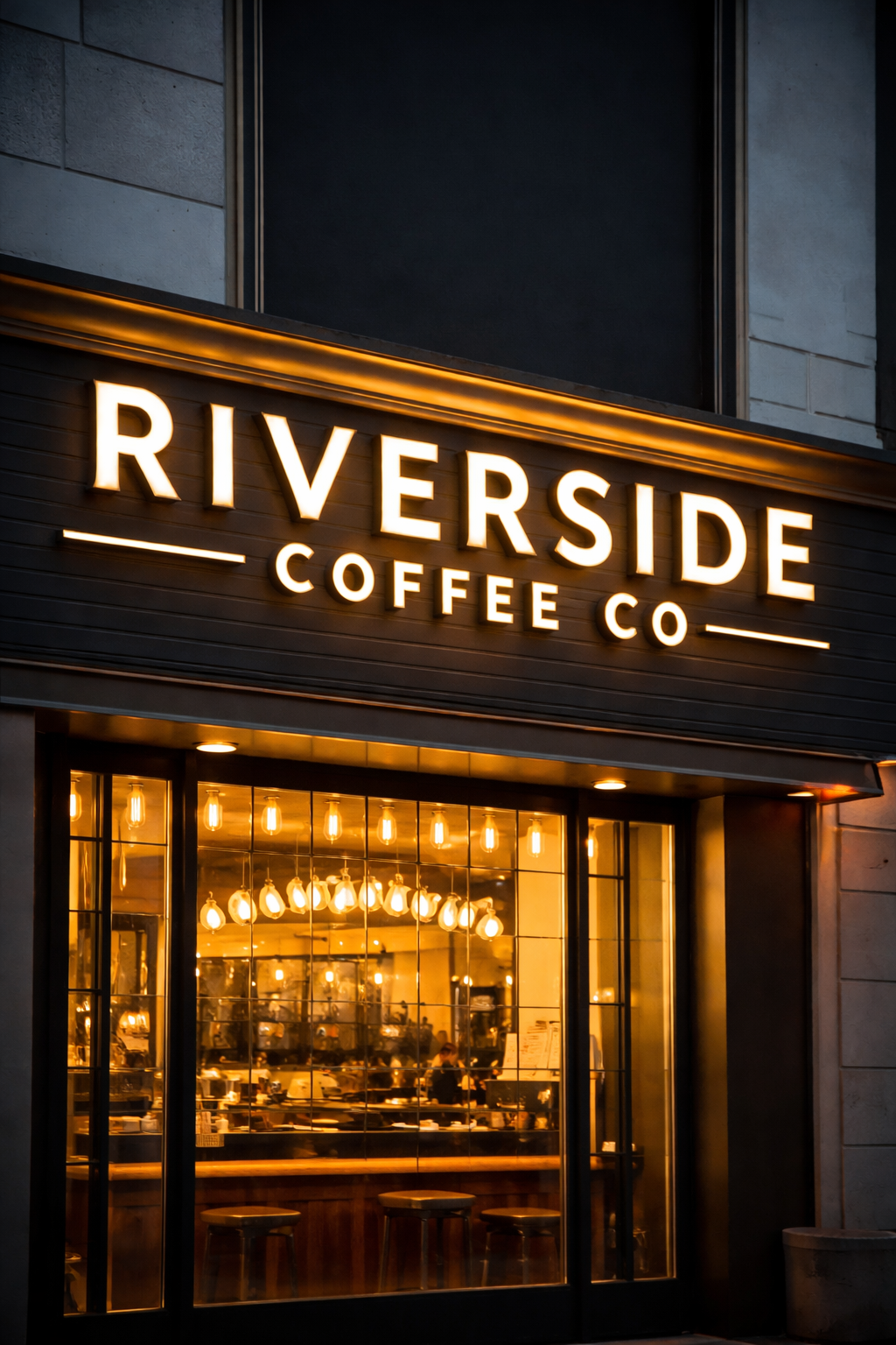 Illuminated storefront sign on a retail building
